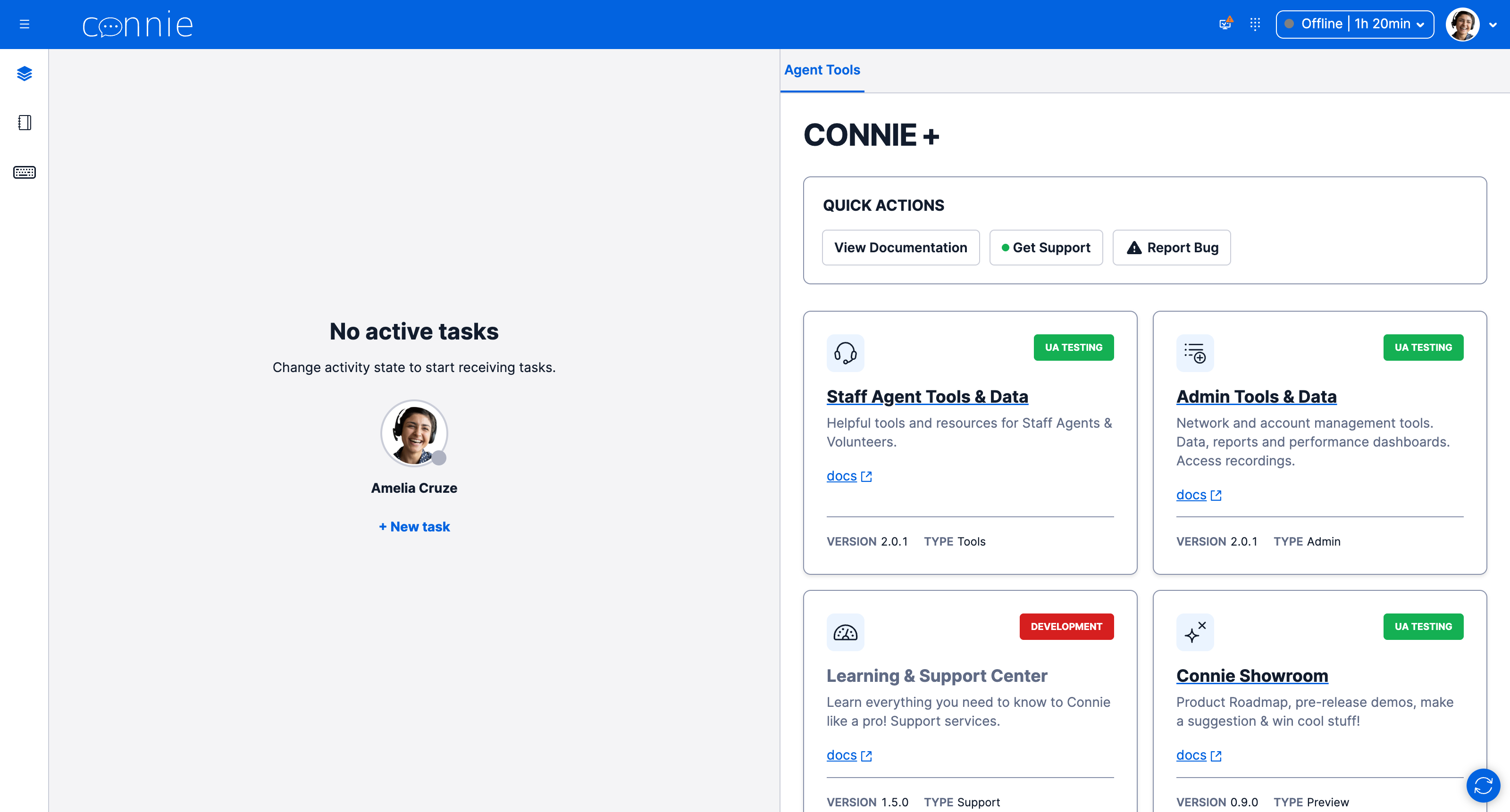 The CONNIE+ panel in the no-active-task view, with the Get Support button