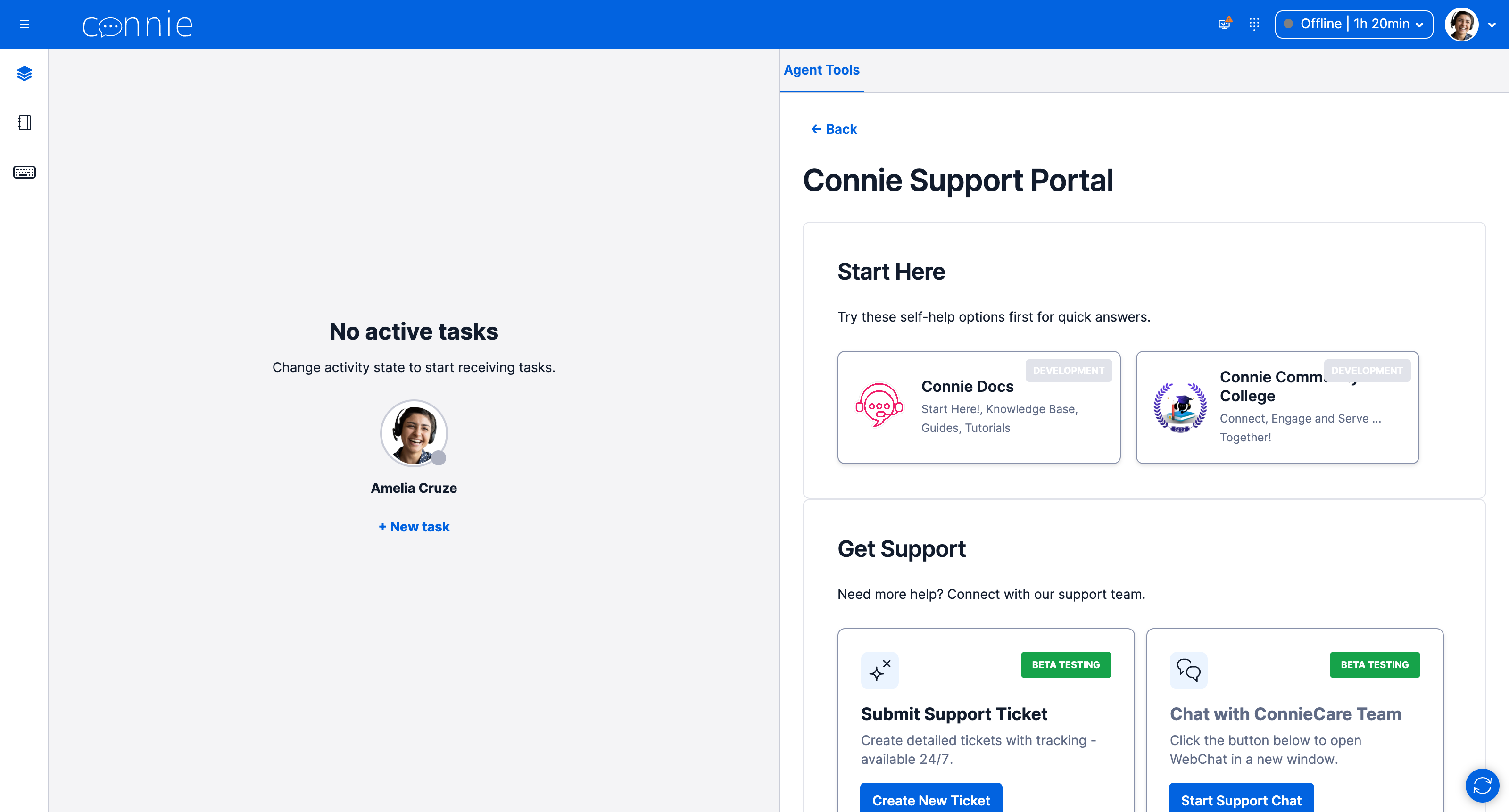 The Connie Support Portal showing the Submit Support Ticket card, Show All Tickets, and Quick Ticket Lookup