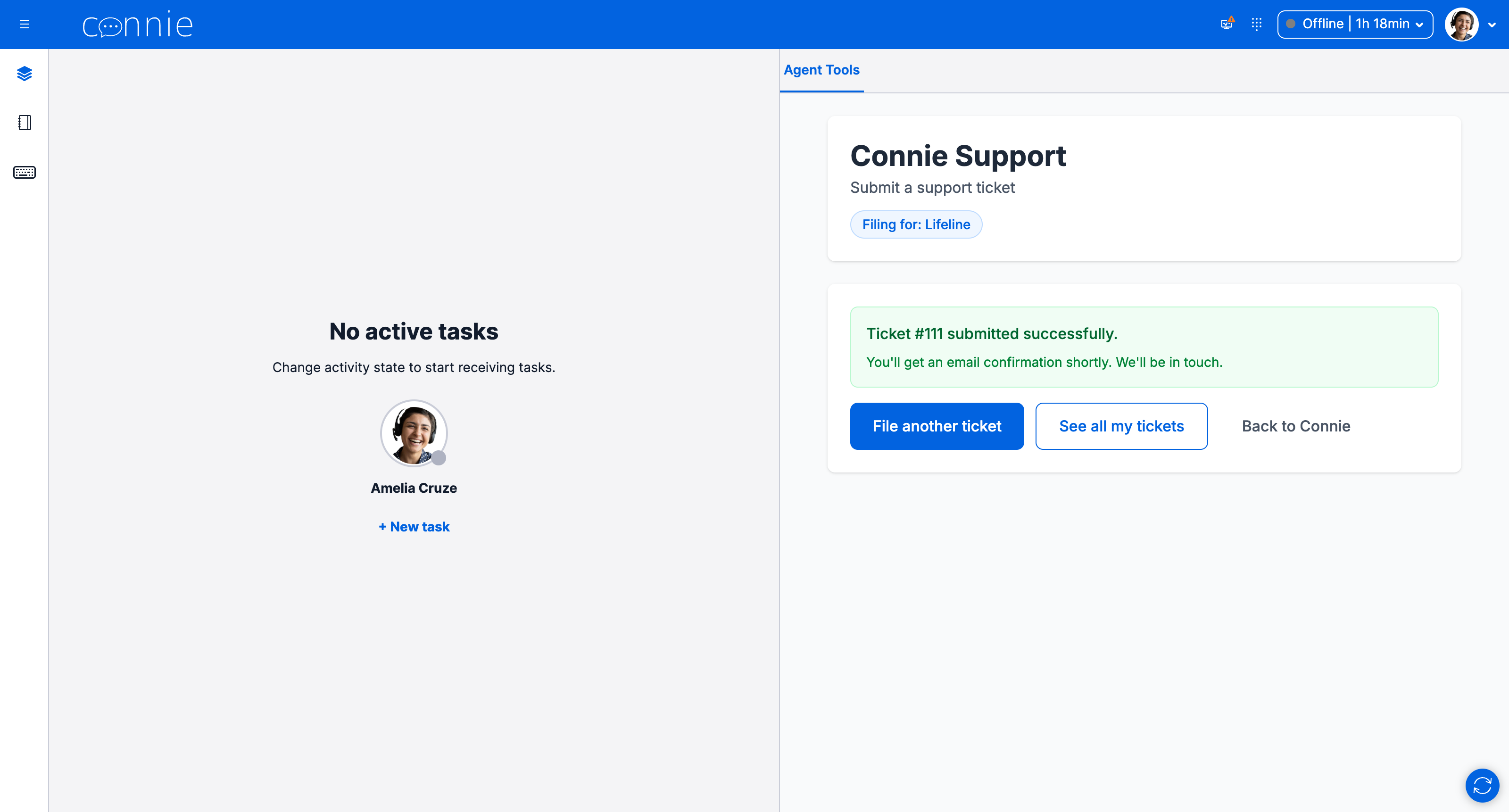 The Ticket submitted successfully confirmation, with See all my tickets and Back to Connie buttons
