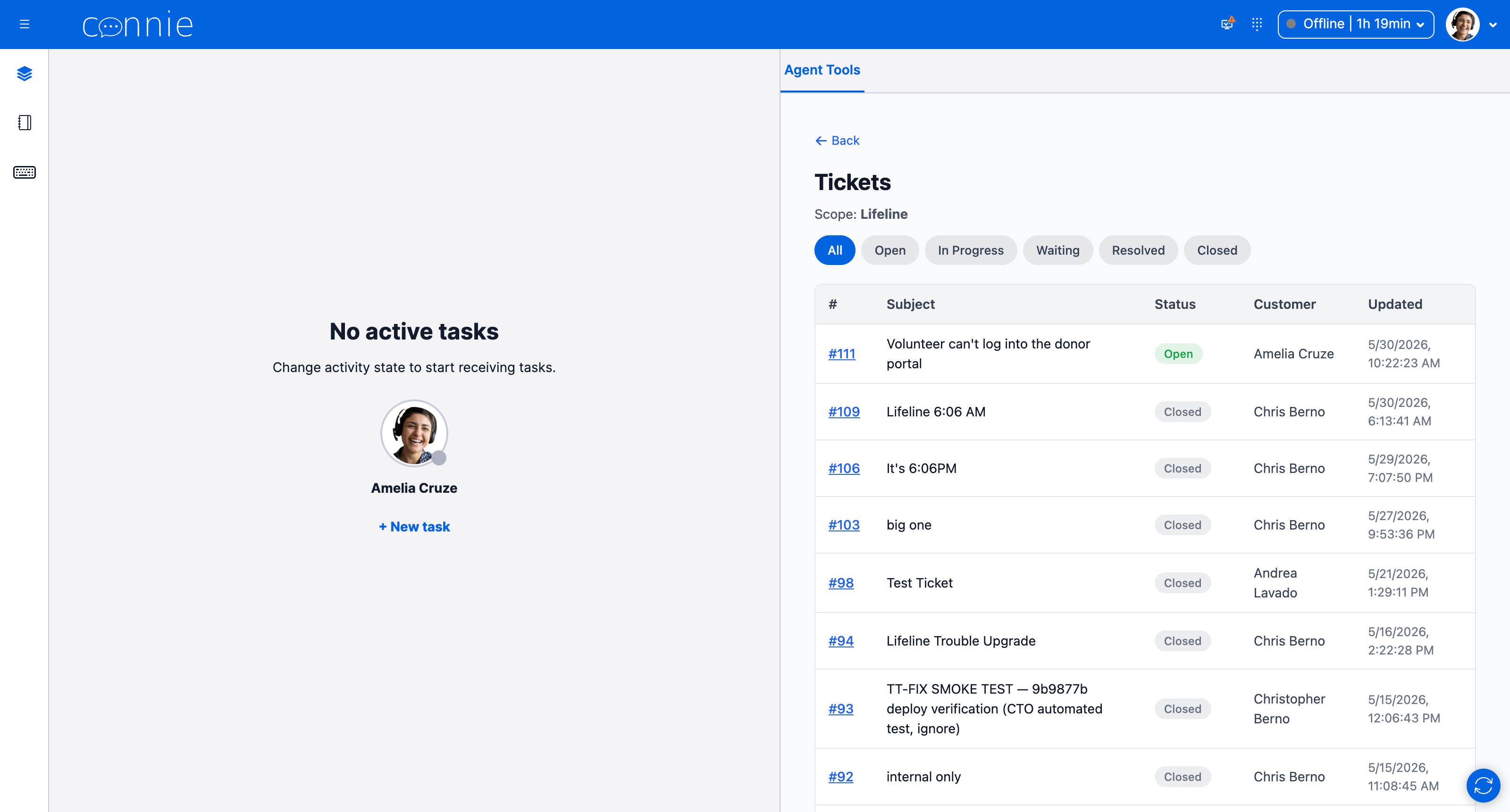 The Show All Tickets list, scoped to your account, with status filter tabs