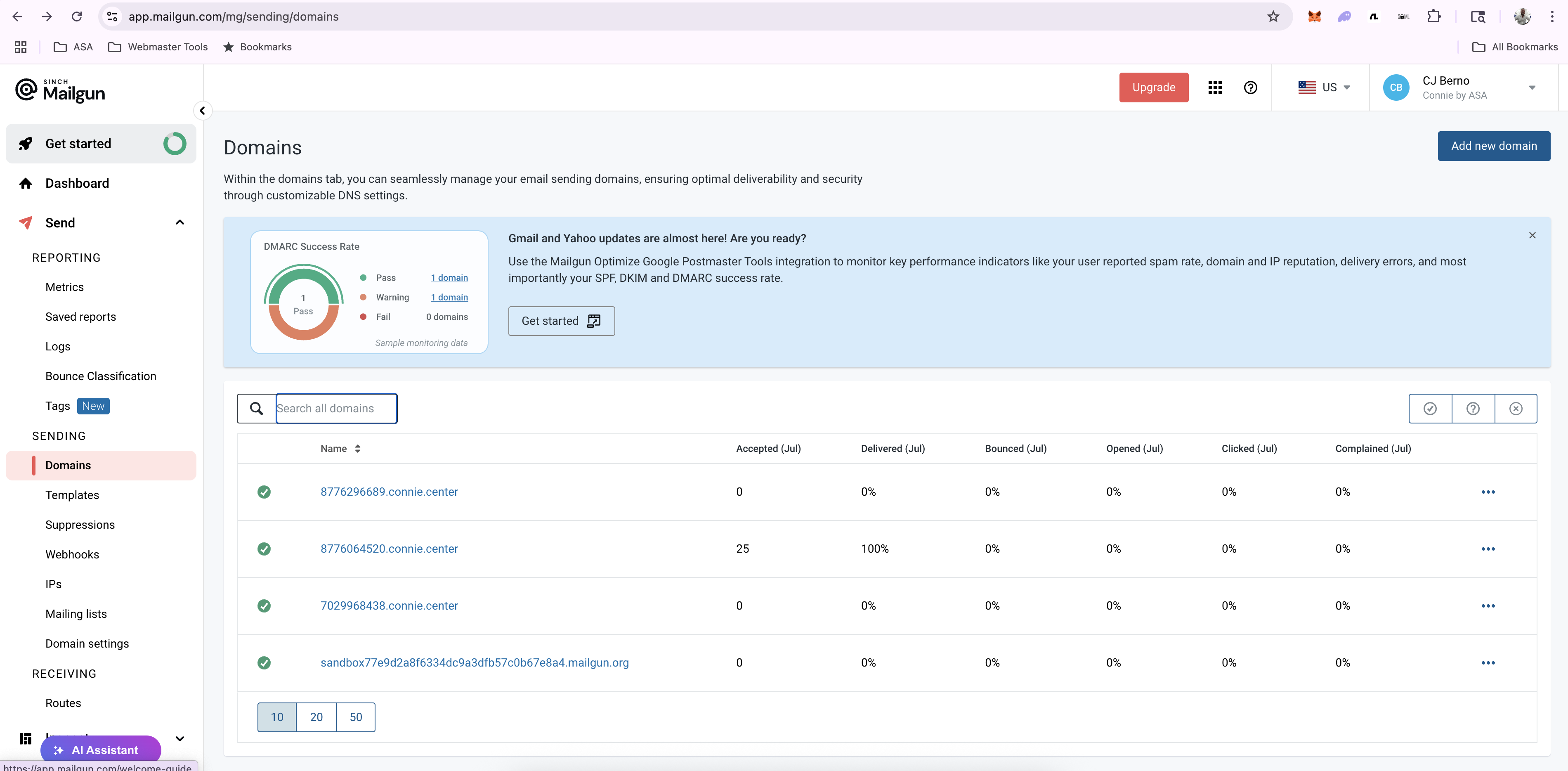 Mailgun Domain Settings - Sending Keys Tab