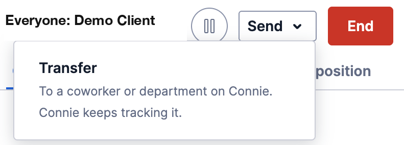 The Send button at the top of a live web chat, opened to show the Transfer choice: "To a coworker or department on Connie. Connie keeps tracking it."