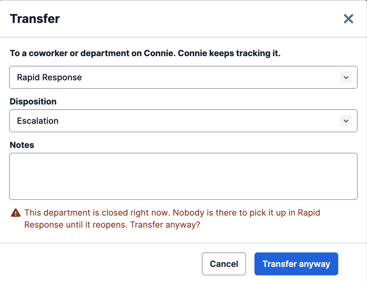 The Transfer box on a web form task, with a department chosen, a Disposition list, a Notes box, and a warning that the department is closed right now