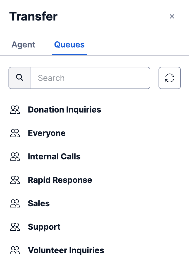 The Transfer list on a live web chat, with the Agent and Queues tabs, a search box, and a list of departments such as Donation Inquiries, Everyone, Rapid Response, Sales, Support and Volunteer Inquiries
