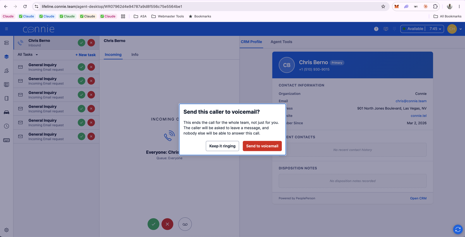 Confirmation dialog reading: Send this caller to voicemail? This ends the call for the whole team, not just for you. The caller will be asked to leave a message, and nobody else will be able to answer this call. Buttons: Keep it ringing, Send to voicemail.