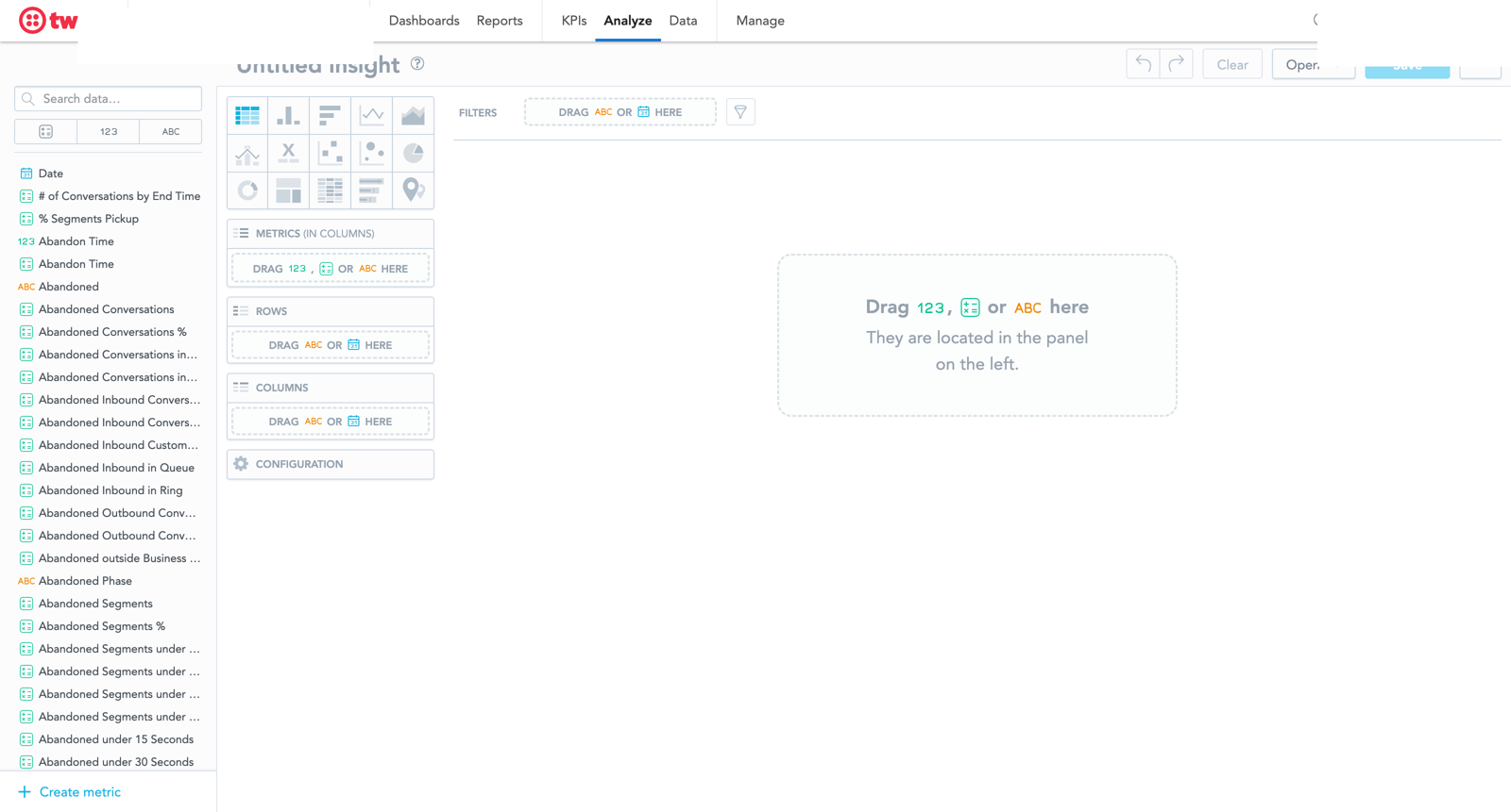 The Flex Insights Analyze report builder — drag metrics and dimensions from the left panel into the Metrics, Rows, and Columns zones