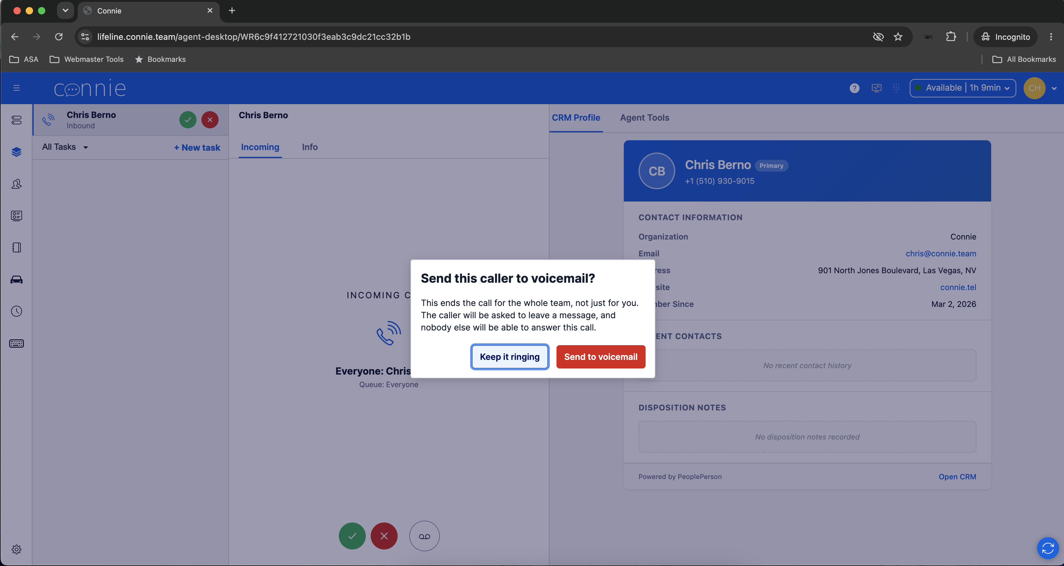 Confirmation dialog reading: Send this caller to voicemail? This ends the call for the whole team, not just for you. The caller will be asked to leave a message, and nobody else will be able to answer this call.