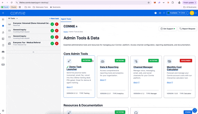 The Demo Task Launcher firing live practice tasks into a Connie agent desktop