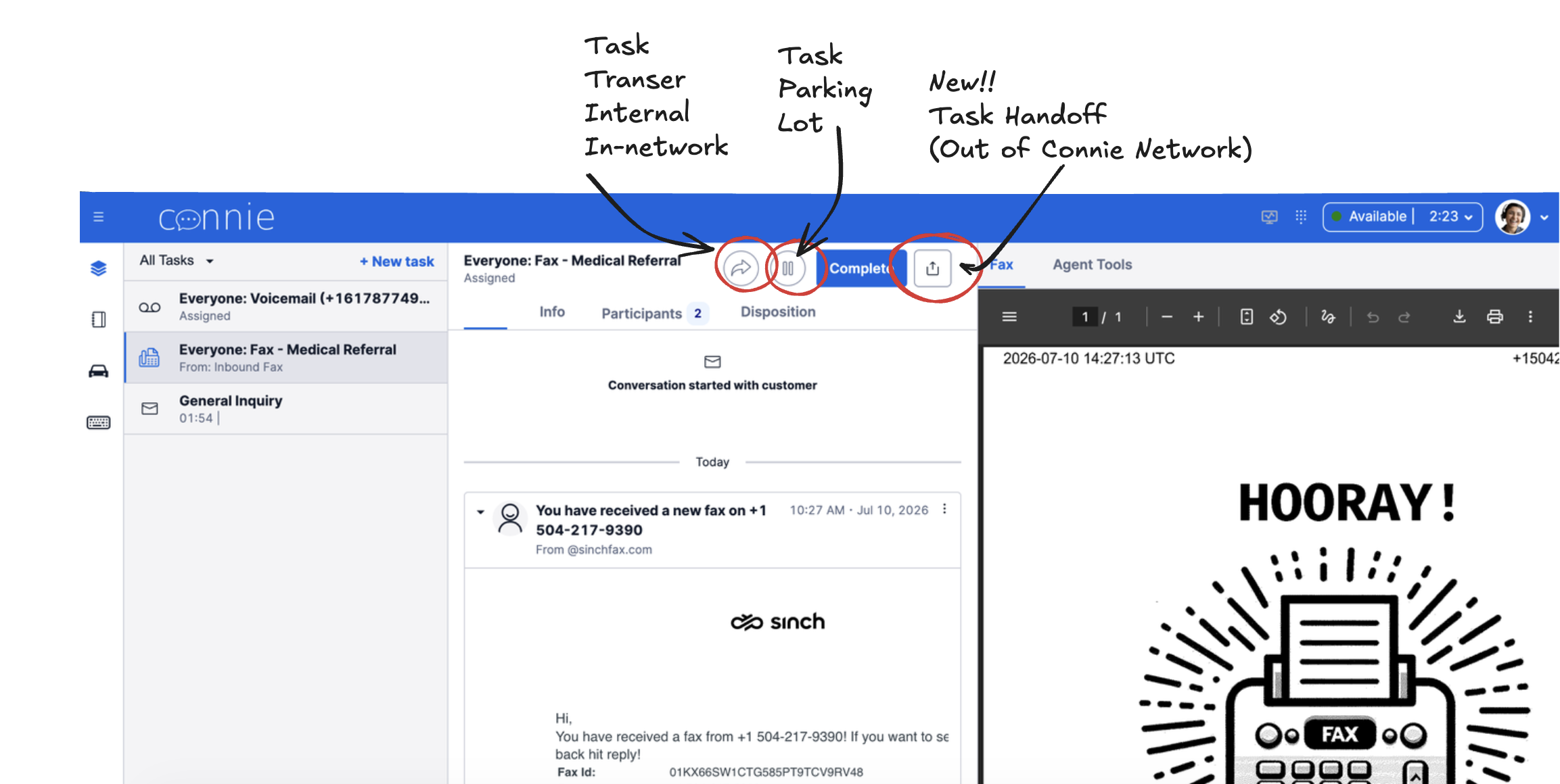 Connie task header — the new Out-of-Network Task Hand Off button, alongside the in-network Transfer and the Parking Lot